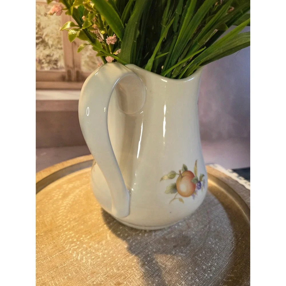 😎1980s‎ Botanical Fruit Ceramic Pitcher White Strawberry Grape Butterfly Vase